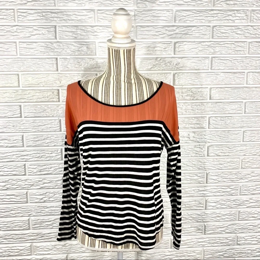 Striped Top w/Sheer Coral Neckline Open Back - Picture 1 of 8